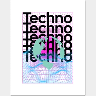 TECHNO  - Grid Globe (black/blue/pink) Posters and Art